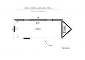A floor plan of an office with the door open.