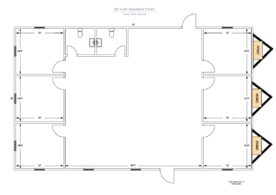 A floor plan of an office building with several cubicles.
