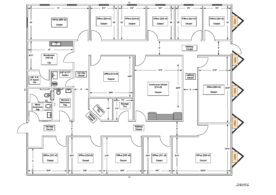 A floor plan of an office building with many windows.